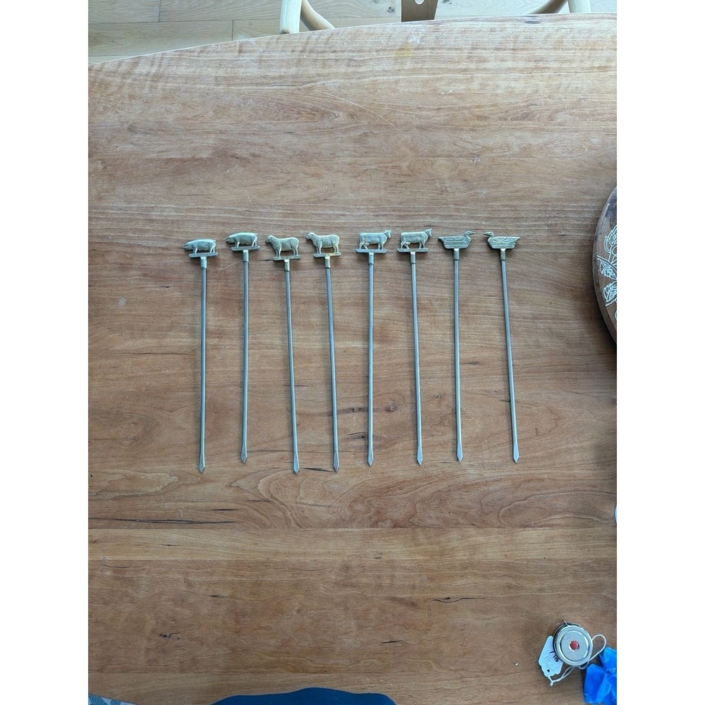 Vintage Mid-Century Brass Farm Animal Finial BBQ Shish Kebab Skewers Set of 8